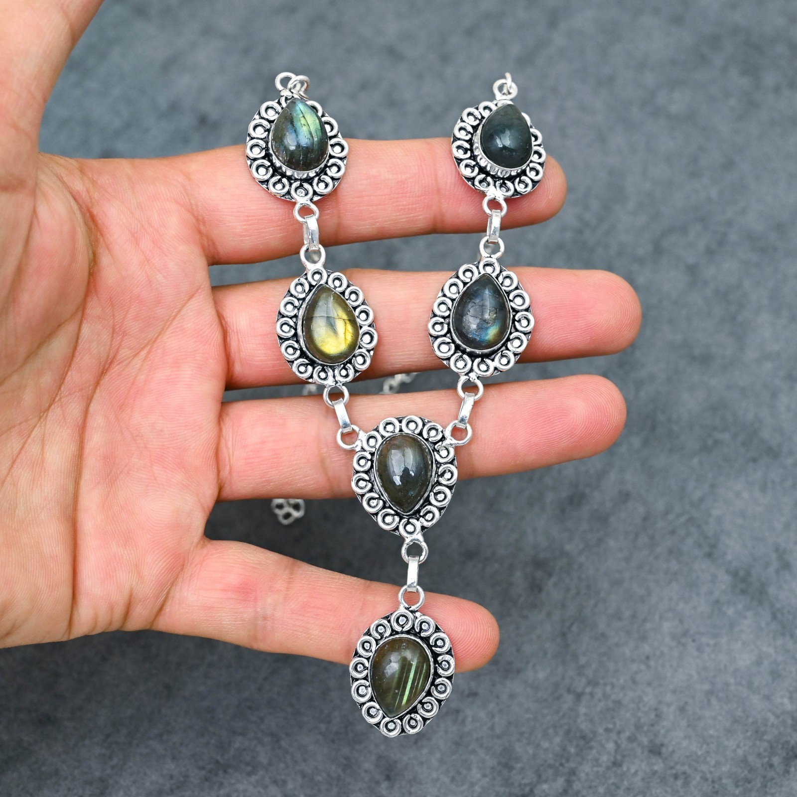 Silver Plated Labradorite Y-Necklace | Multi-Stone Milgrain Cabochon | Artisan