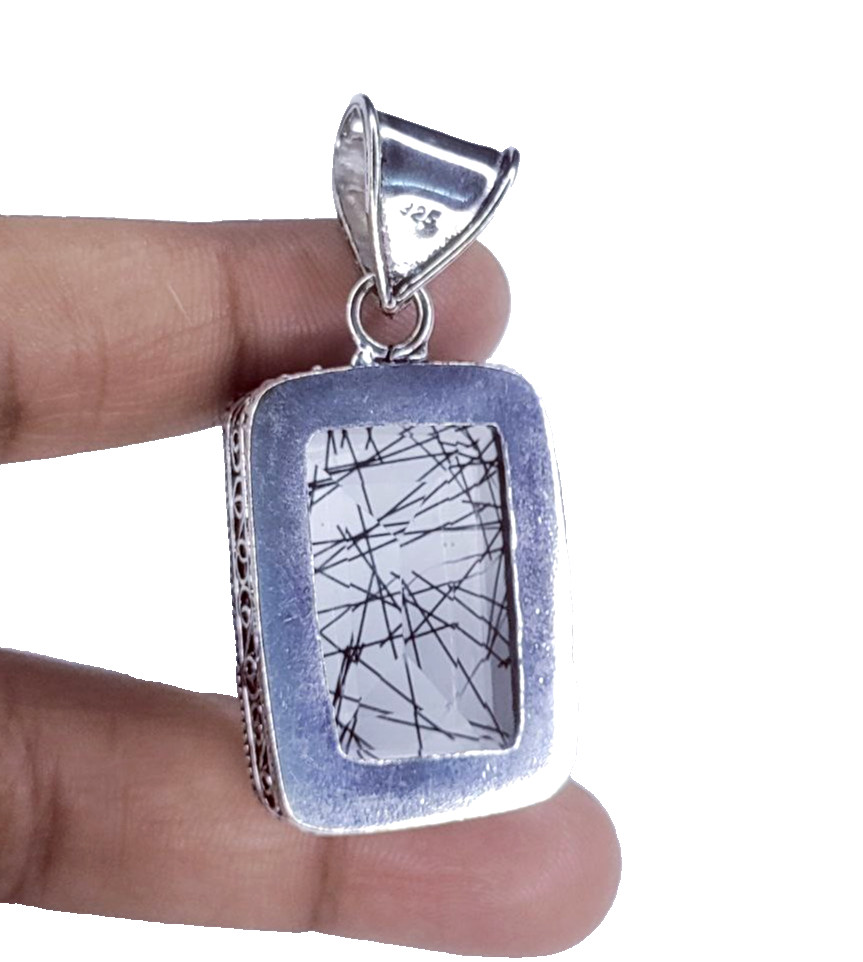 Black Rutialted Quartz Gemstone Handmade 925 Sterling Silver Jewelry Pendant 2″