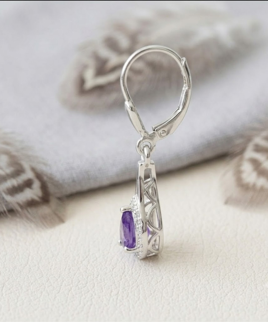925 Sterling Silver Pear Amethyst Dangle Women Earrings Minimalist Jewelry Gift