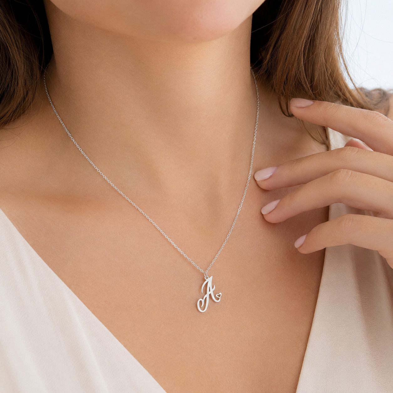 Personalized Initial Heart Necklace Custom Letter Pendant Gift for Women Silver