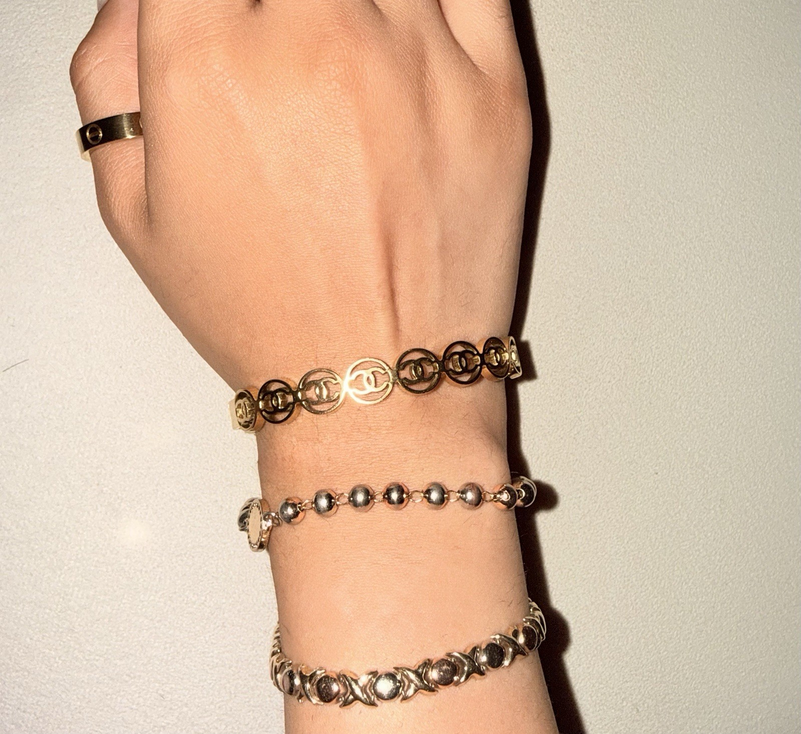 CHANEL Logo Gold Tone Metal Round Link Stackable Bangle Bracelet
