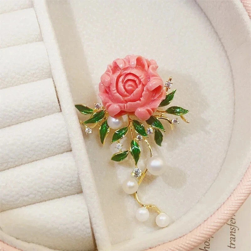 Elegant Rose Flower Brooch Pin for Women New Faux Pearl Fashion Gift Jewelry