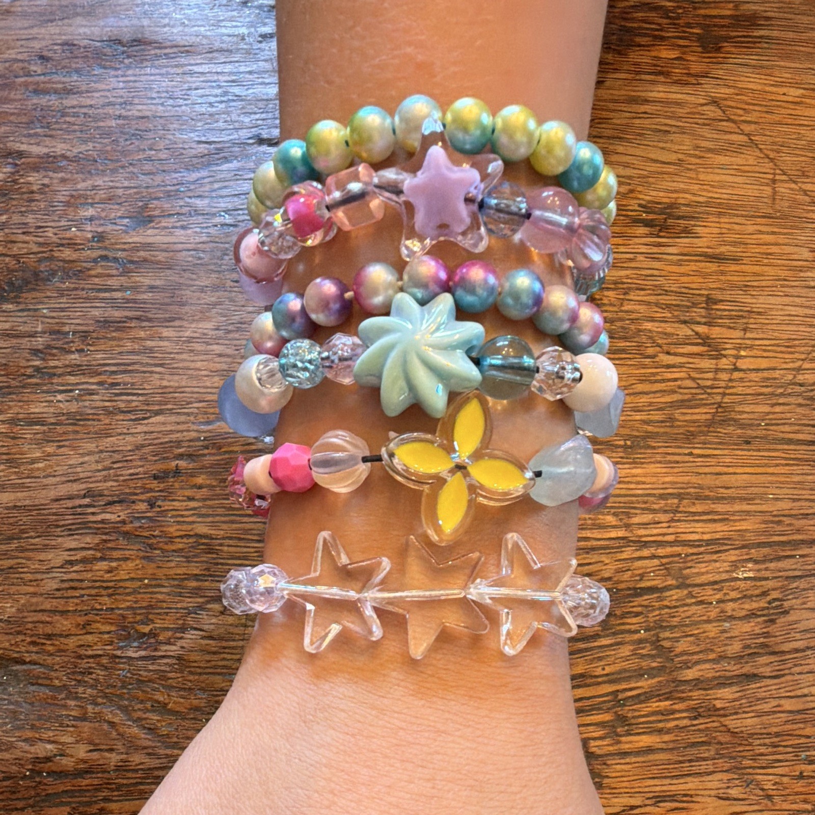 Set Of 6 Multicolor Beaded Stretch Charm Bracelets Stars Flowers Stackable