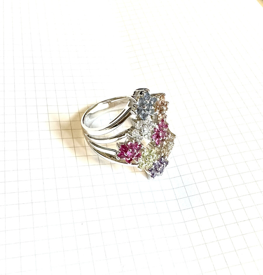 (SIZE 6,7,8,9) Lovely Bouquet of FLOWERS RING Colorful CZs .925 STERLING SILVER