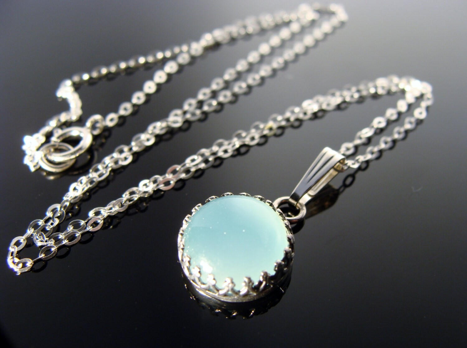 Aqua Blue Chalcedony Pendant Necklace · 925 Sterling Silver · Bezel Set