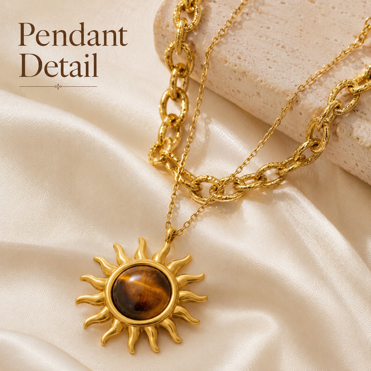 Gold Stainless Steel Tiger Stone Sun Necklace Layered Chain Pendant Jewelry Gift