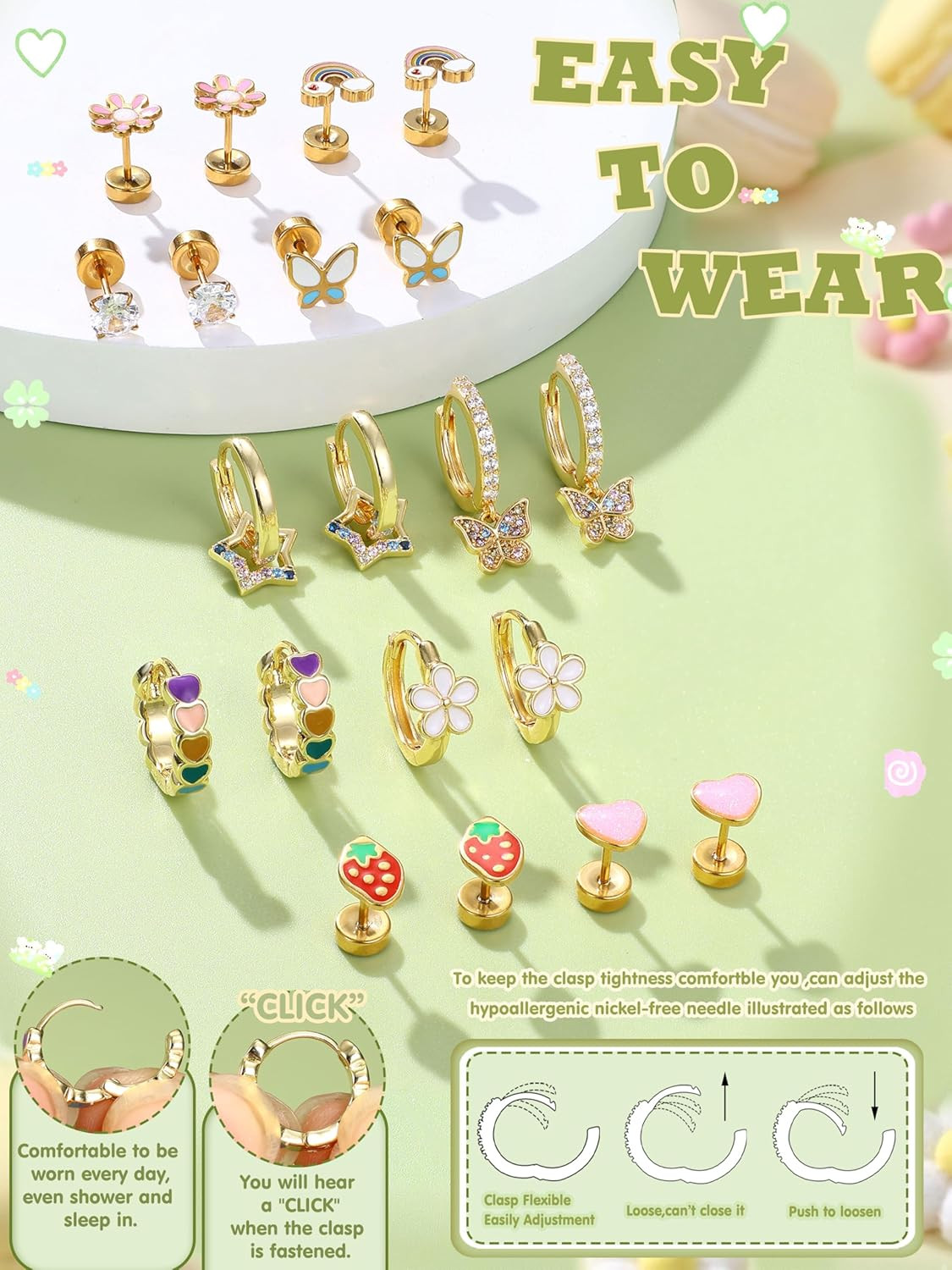 Hypoallergenic Flat Back Earrings Girls 14K Gold Surgical Steel Studs