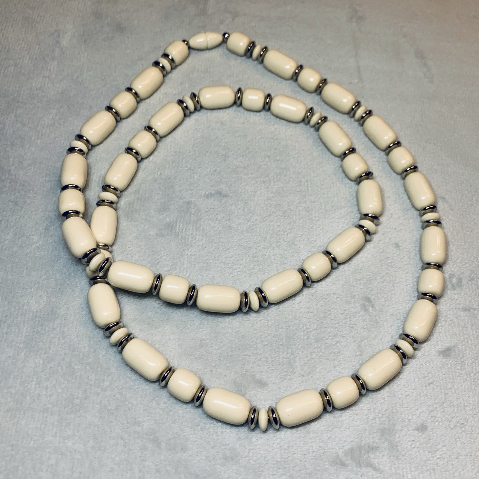 Vintage Cream & Silver Bead Necklace 32”