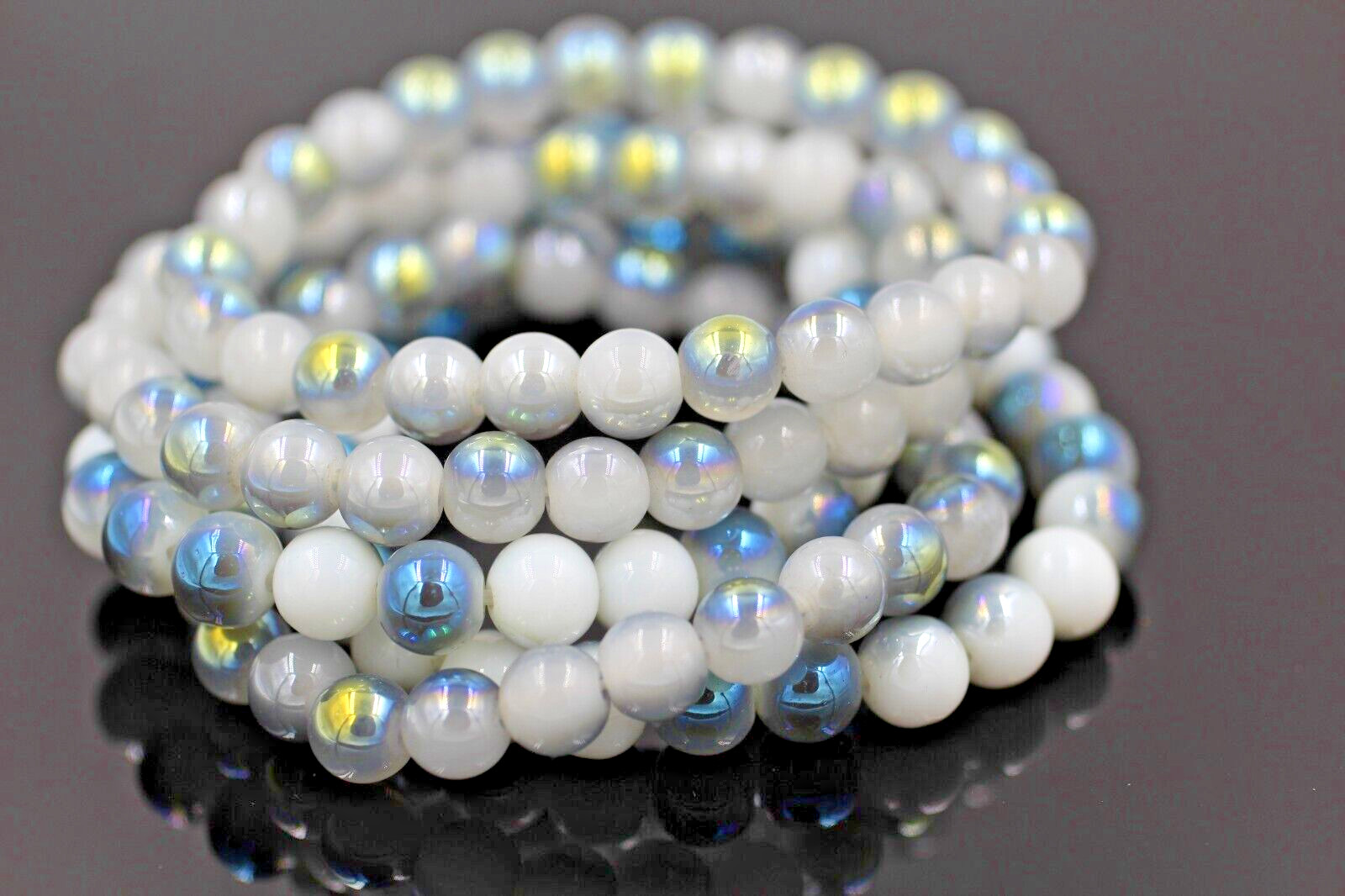 Grey Rainbow Coated Crystal Adjustable Fashion Bracelet Round Beads 7.5” Inch