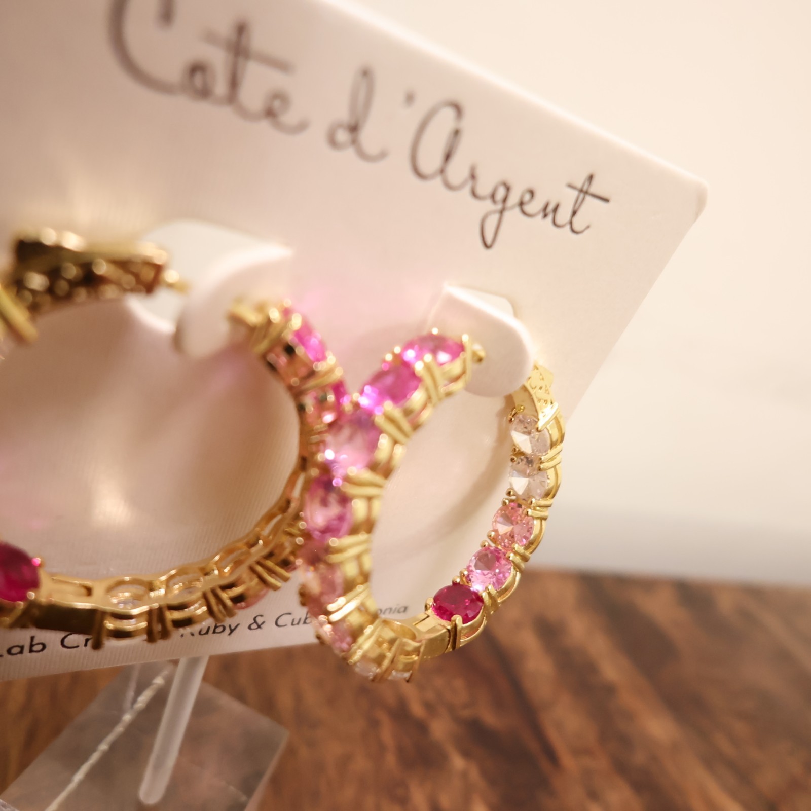 Cote d’Argent earrings pink crystal hoops inside-out lab-created rubies CZ 925