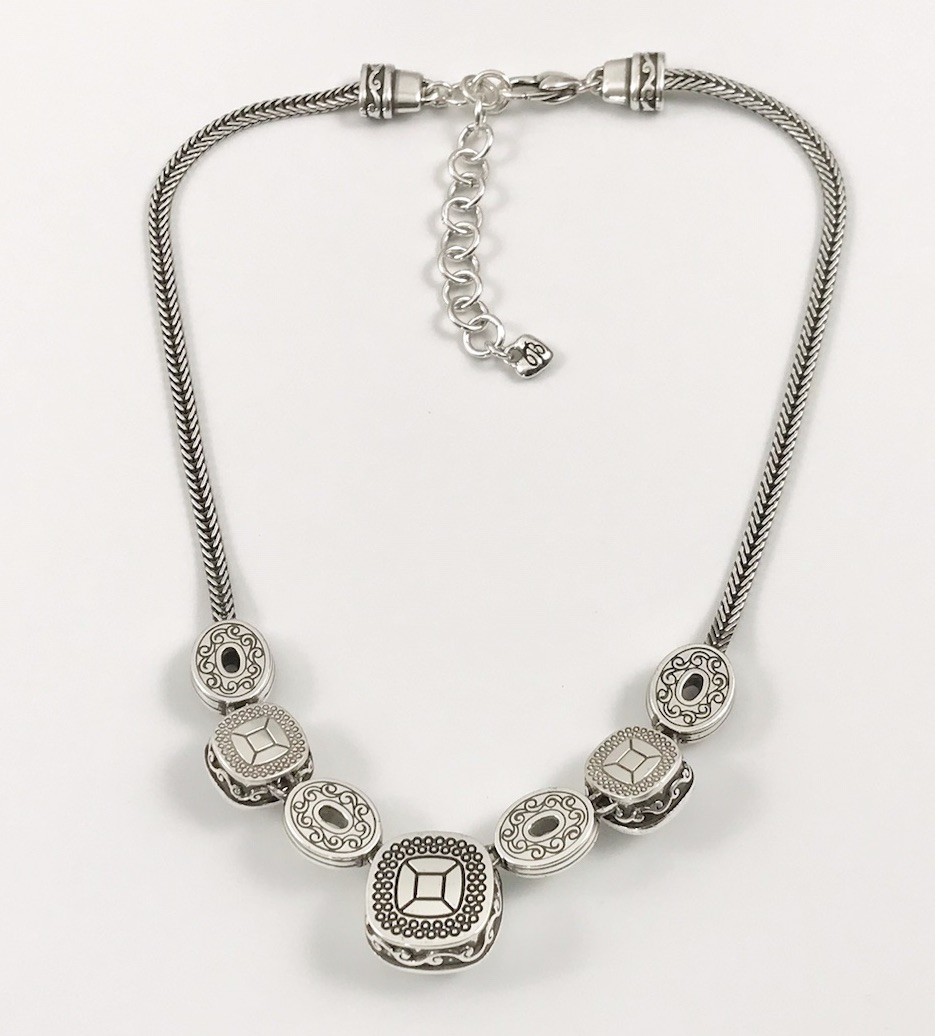 Brighton Venus Rising Silver Smokey Crystals Flat Chain Necklace 17 In. #405