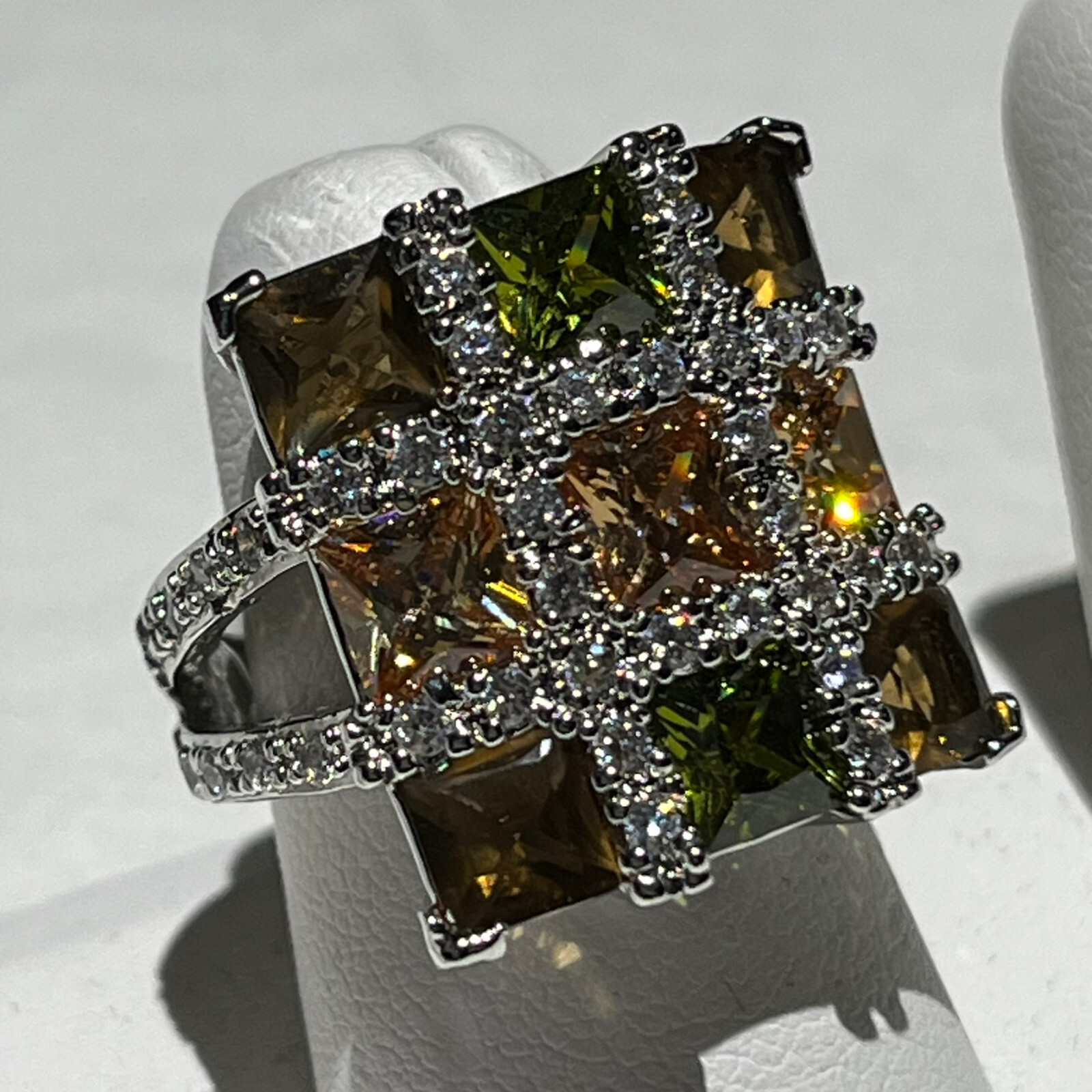 Fashionable Cocktail Ring Green Multicolor White Gold Plated Size 6, 7, 8