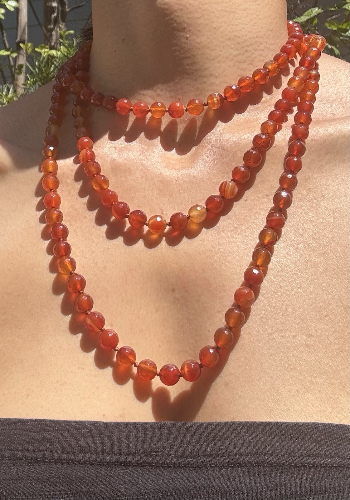 Orange Carnelian Round Bead Statement Necklace, Ball/Bead Chain, Long Strand