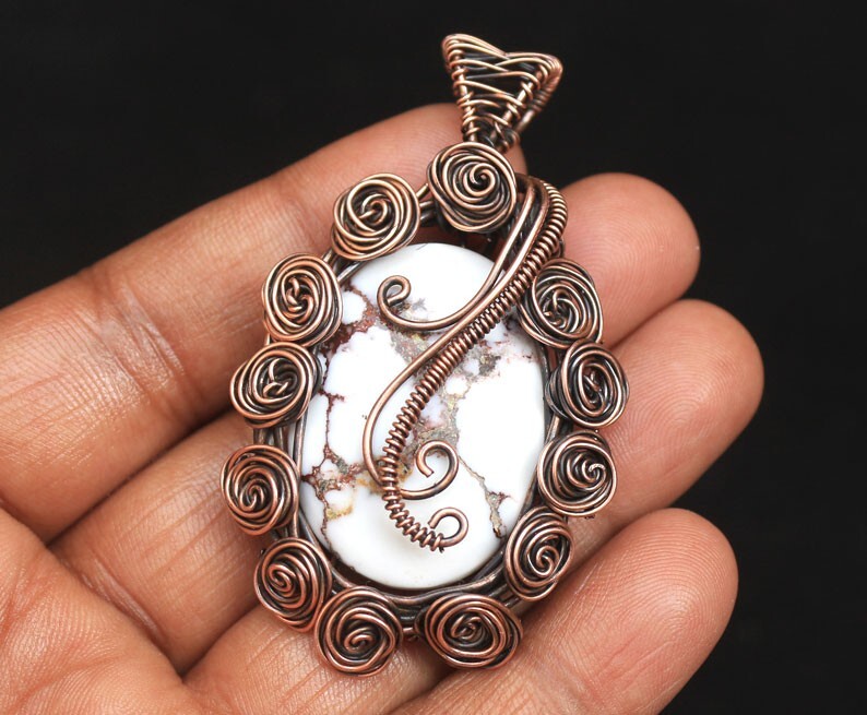 Copper Wire Wrap Flower Pendant Jewelry Wild Horse Jasper Gemstone Gift N277