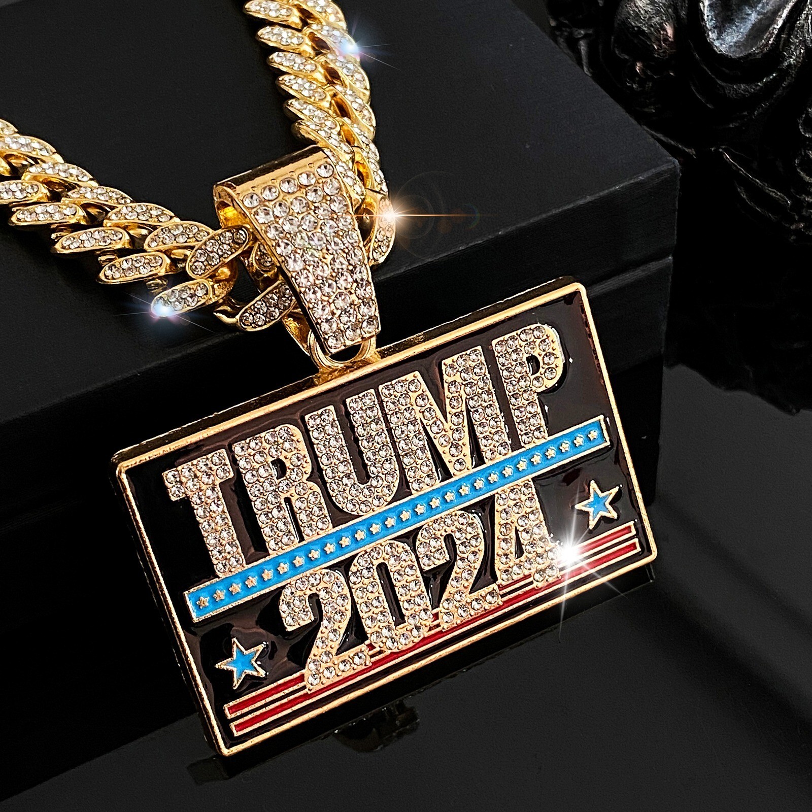 Trump 2024 GEM NECKLACE Gold/Silver Bling Hip Hop Pendant & 24” Chain MAGA