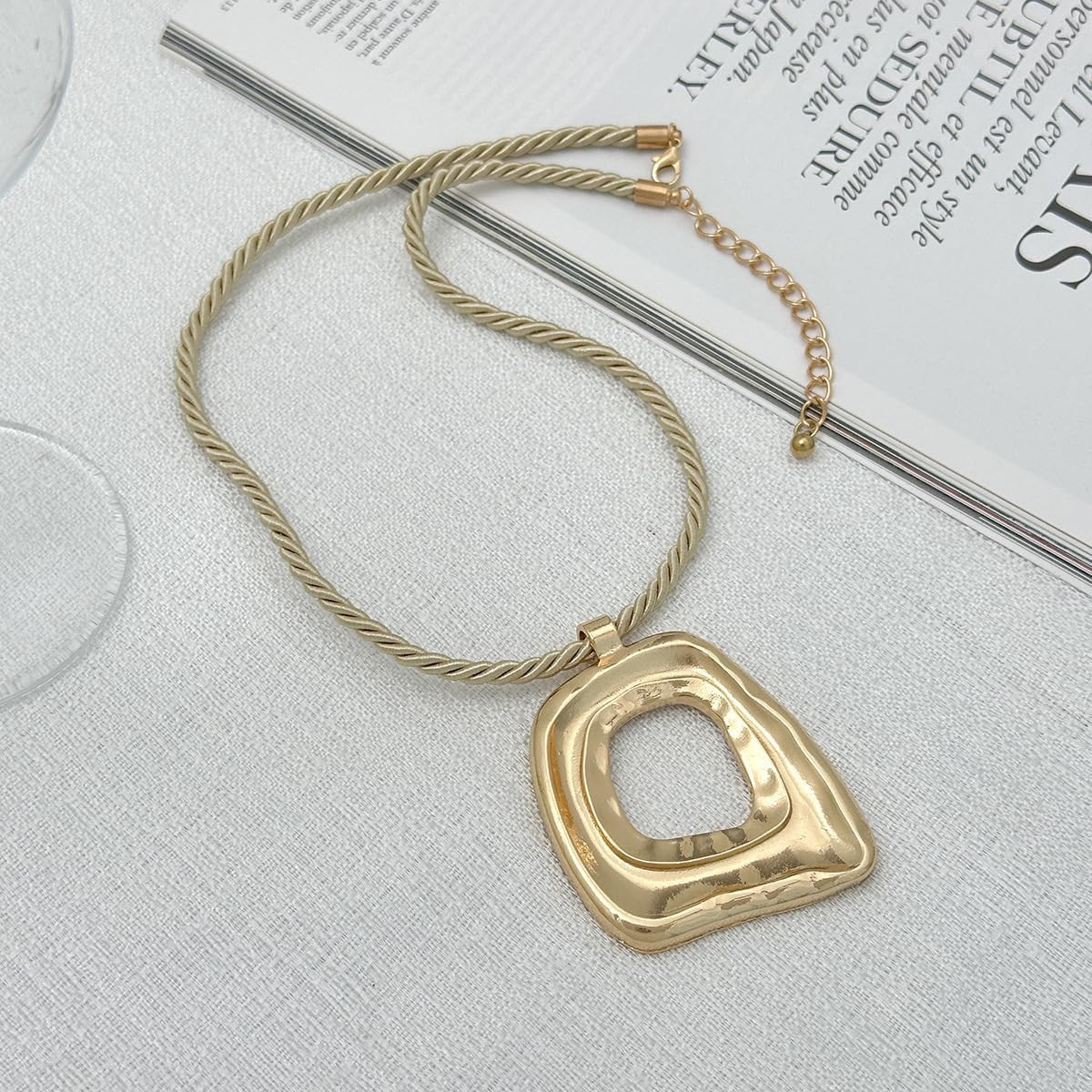 Statement Modern Geometric Hollow Square Pendant Rope Chain Necklace for Women B