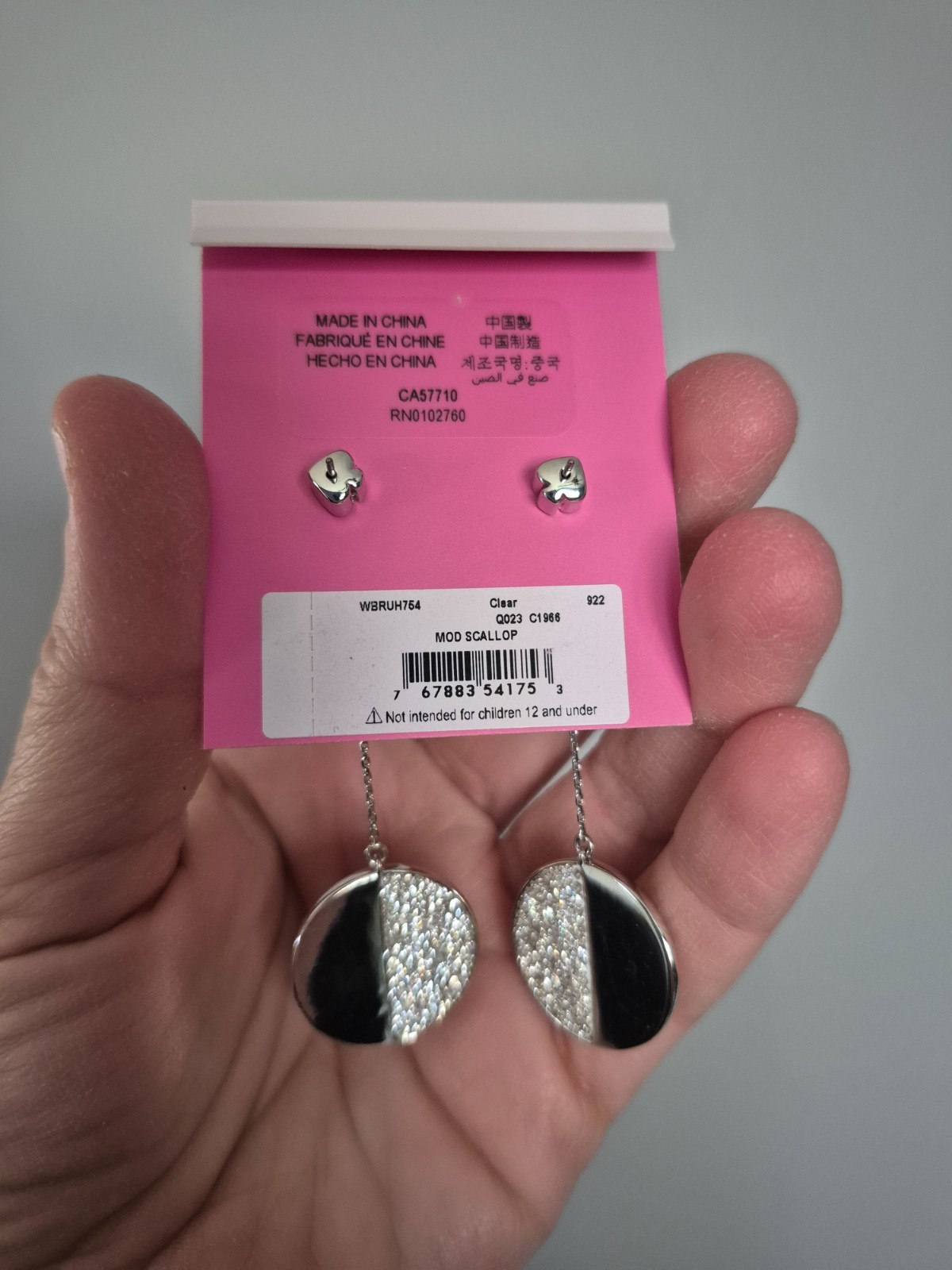 Kate Spade Scallop pave linear Mod round dangle earrings silvertone
