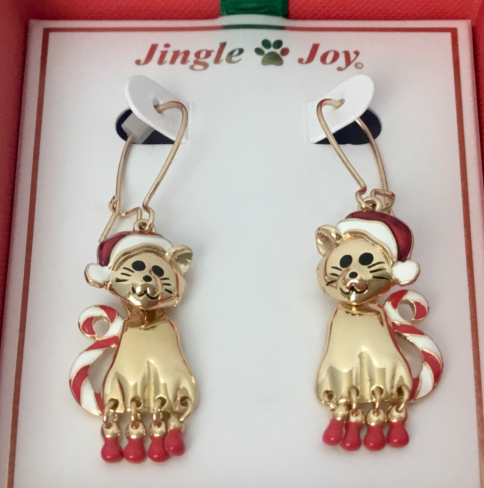 Jingle & Joy Christmas Kitty Cat With Santa Hat & Striped Tail Dangle Earrings