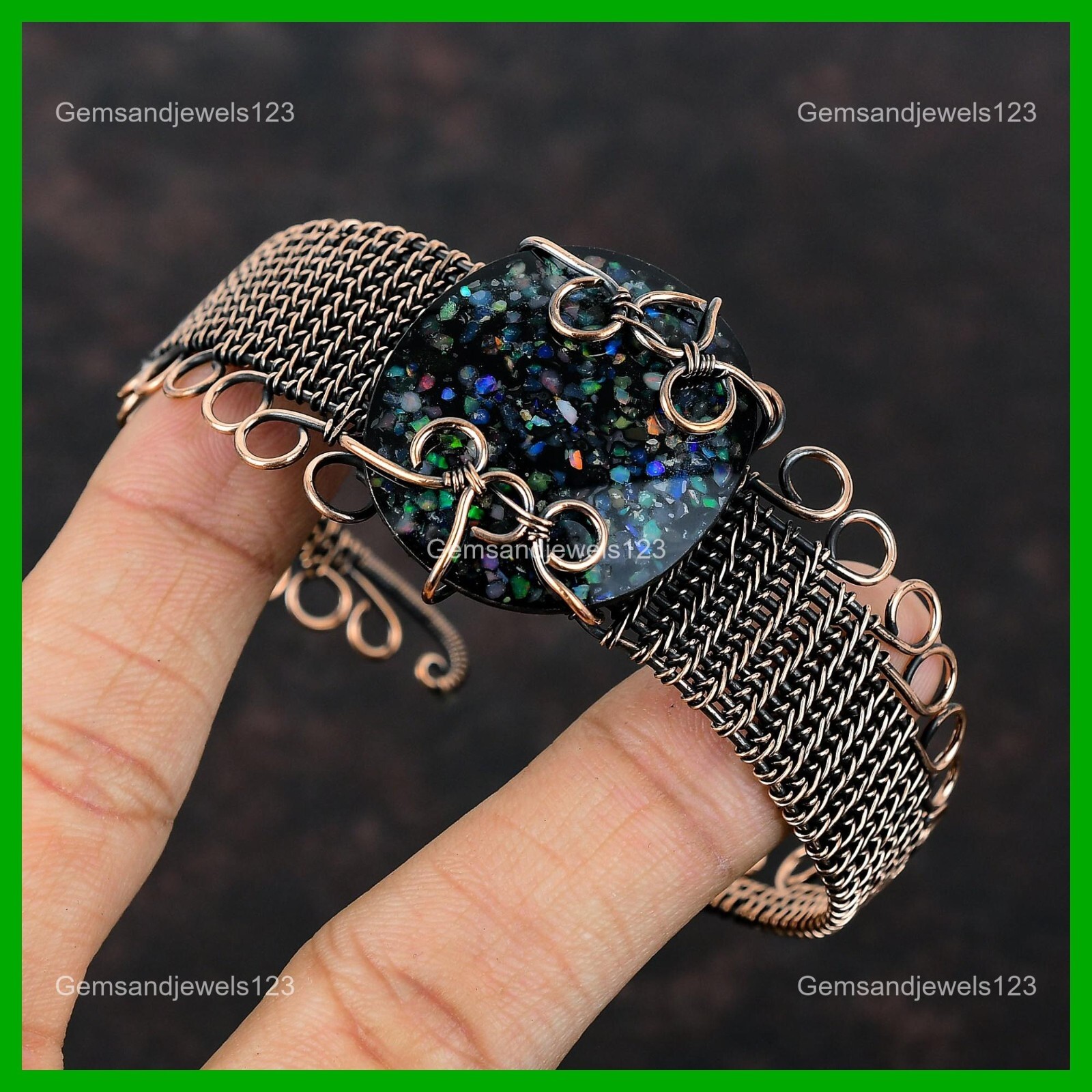 Womens day Deal Copper Black Ethiopian Opal Gemstone Wedding Wire Wrapped Cuff