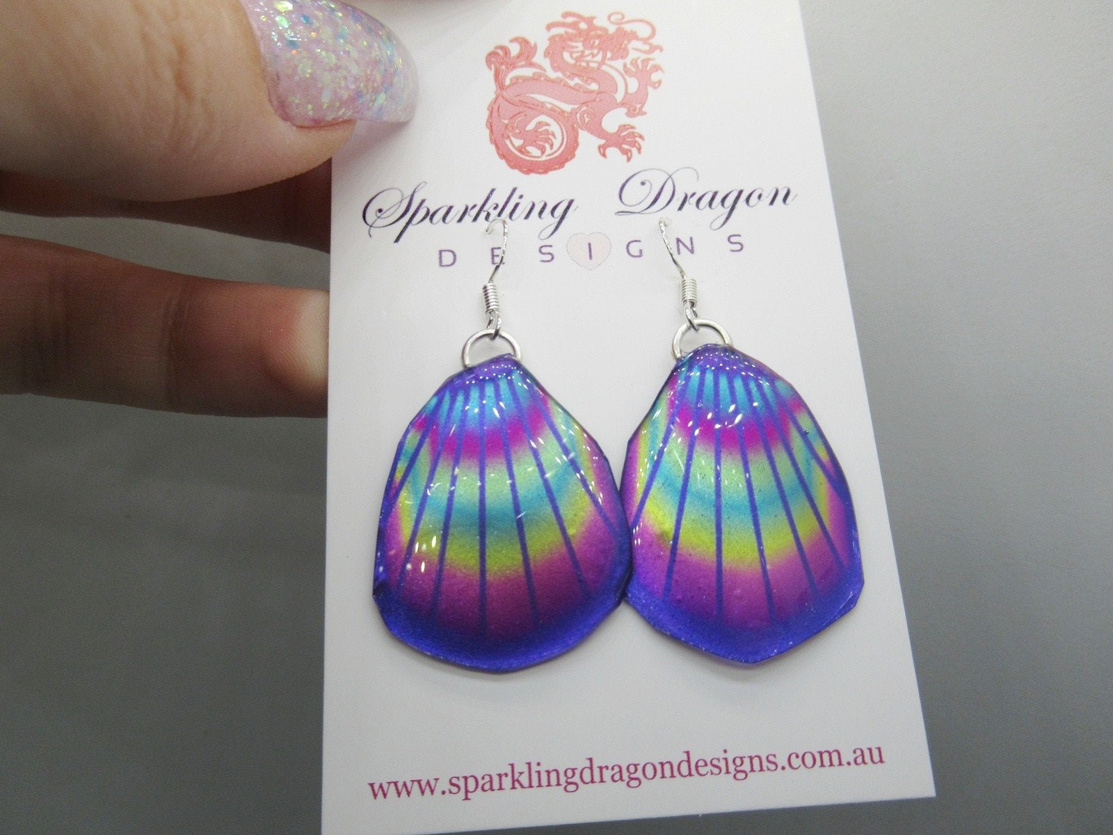 Butterfly Wing Earrings Blue & Rainbow Lines- Fairy Jewellery, Fun Gift for her