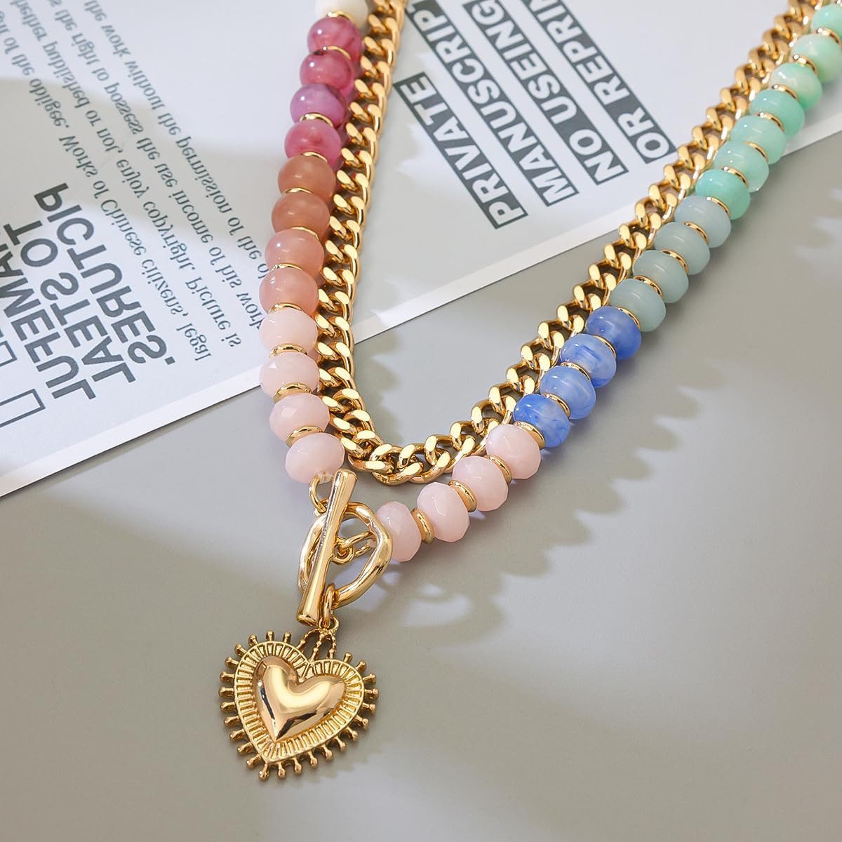 Layered Necklaces for Women, 14K Gold Plated Heart Pendant & Colorful Acrylic Be