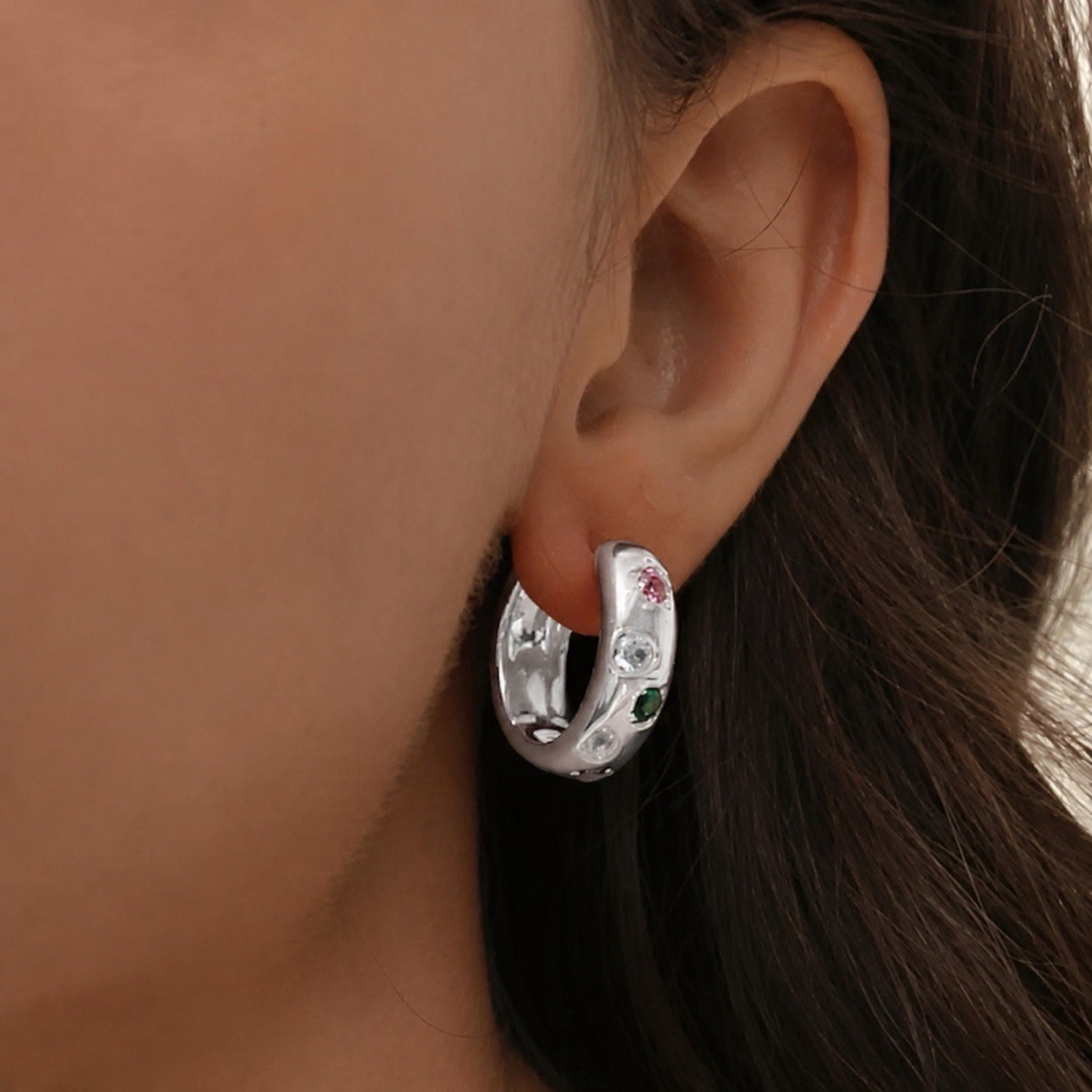 Colorful CZ Chunky Hoop Earrings For Women 925 Silver Hoop Earrings 022