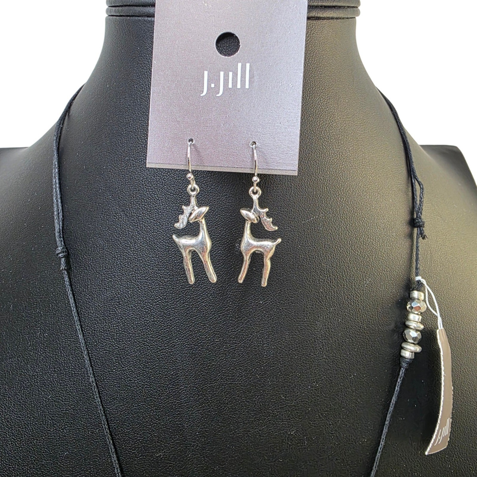 J Jill Winter Holiday Necklace Earring Set Reversible Reindeer Pine Tree NWT
