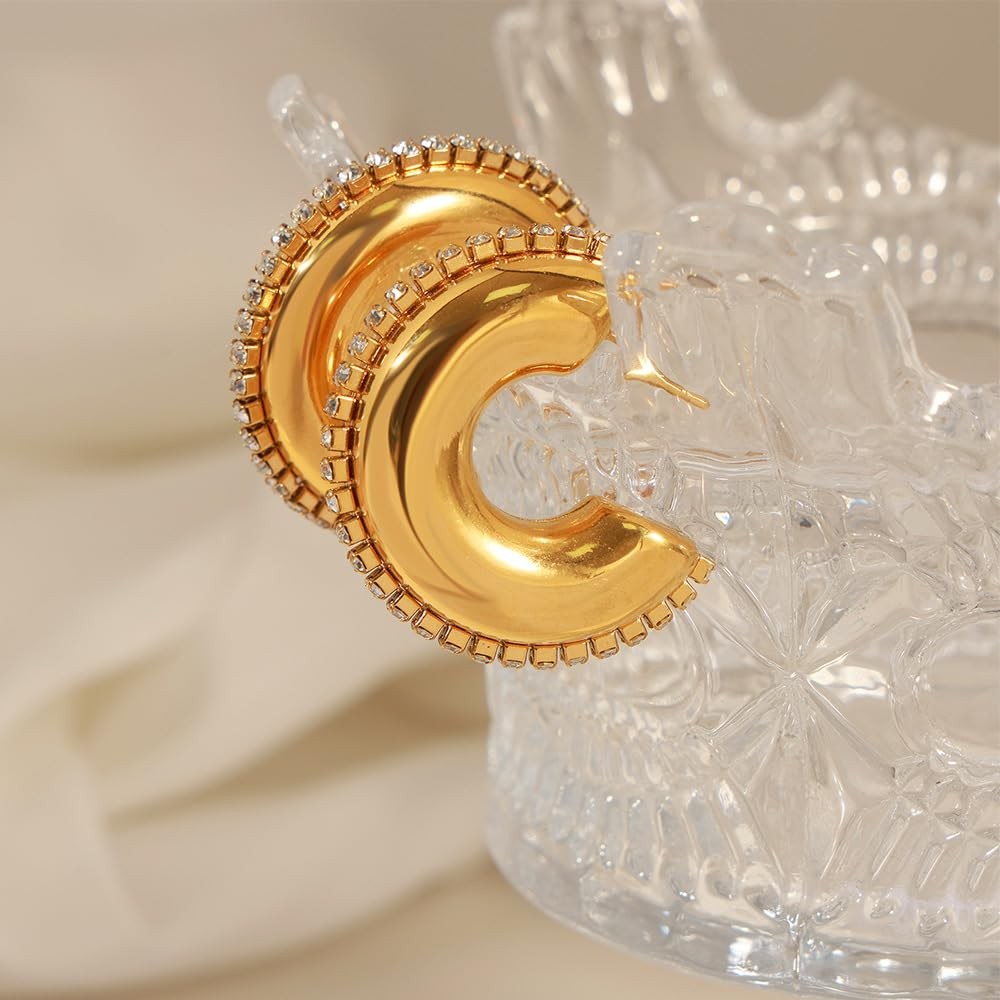 Niaspi C-Shaped Chunky Hoop Earrings for Women 18K Gold Plated Cubic