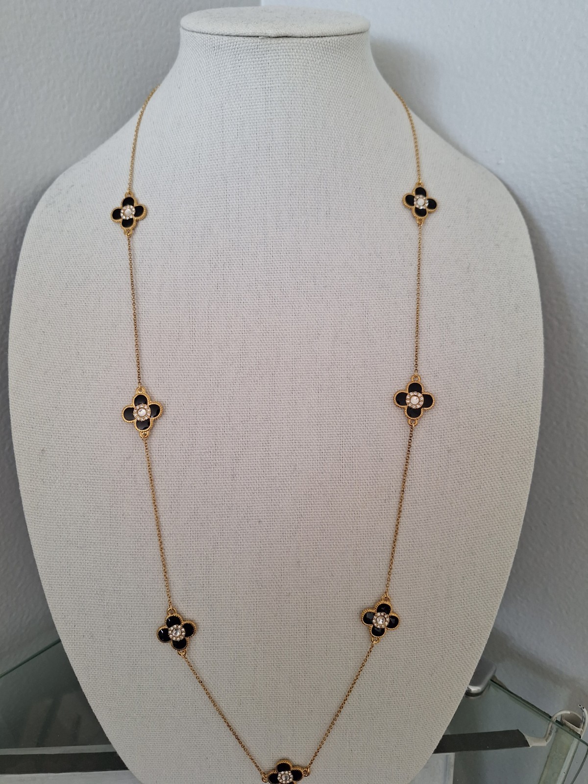 Gold Black Flower/clover Necklace, 36″ Long