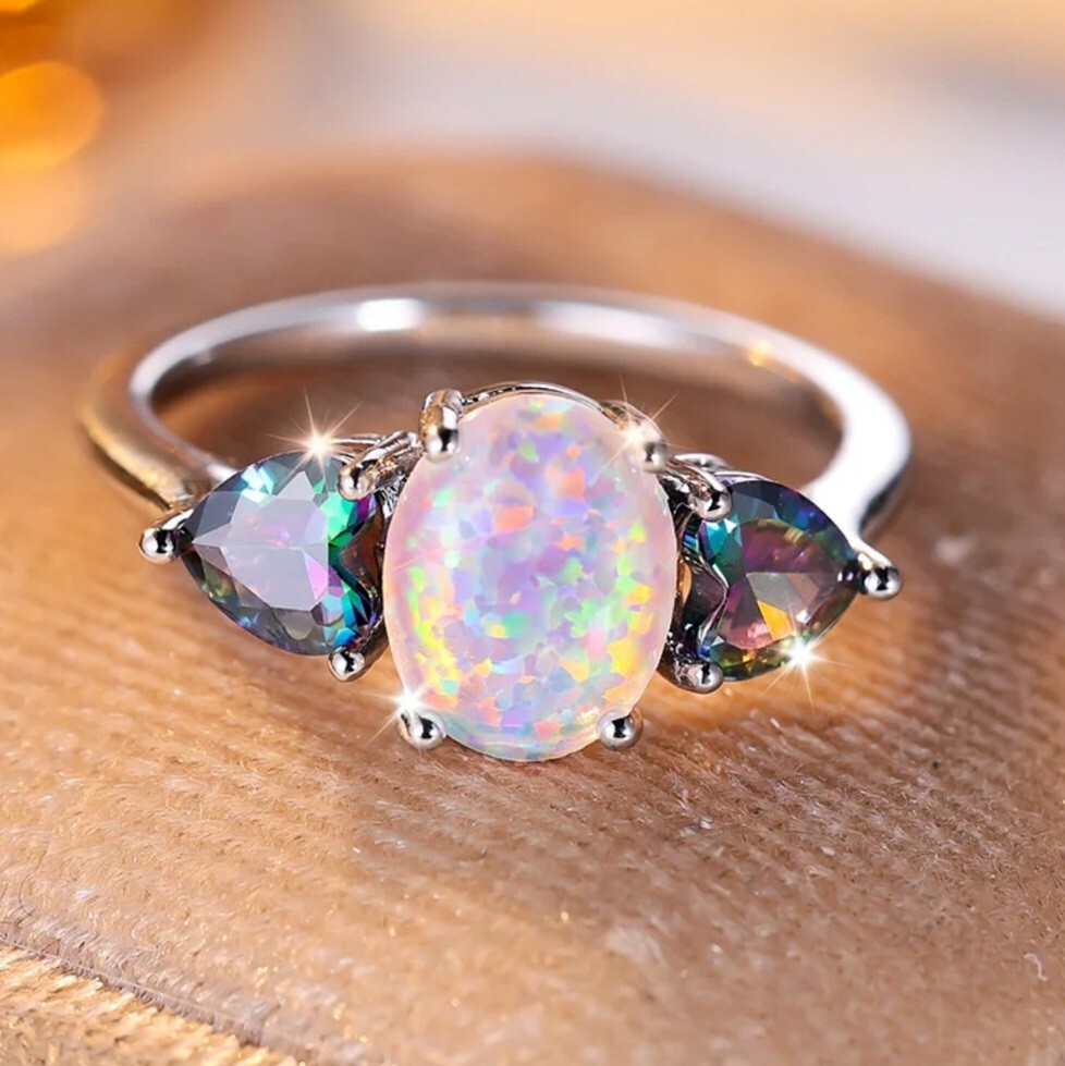 925 Sterling Silver Fire Rainbow Opal Mystical Topaz Engagement Ring Size 8