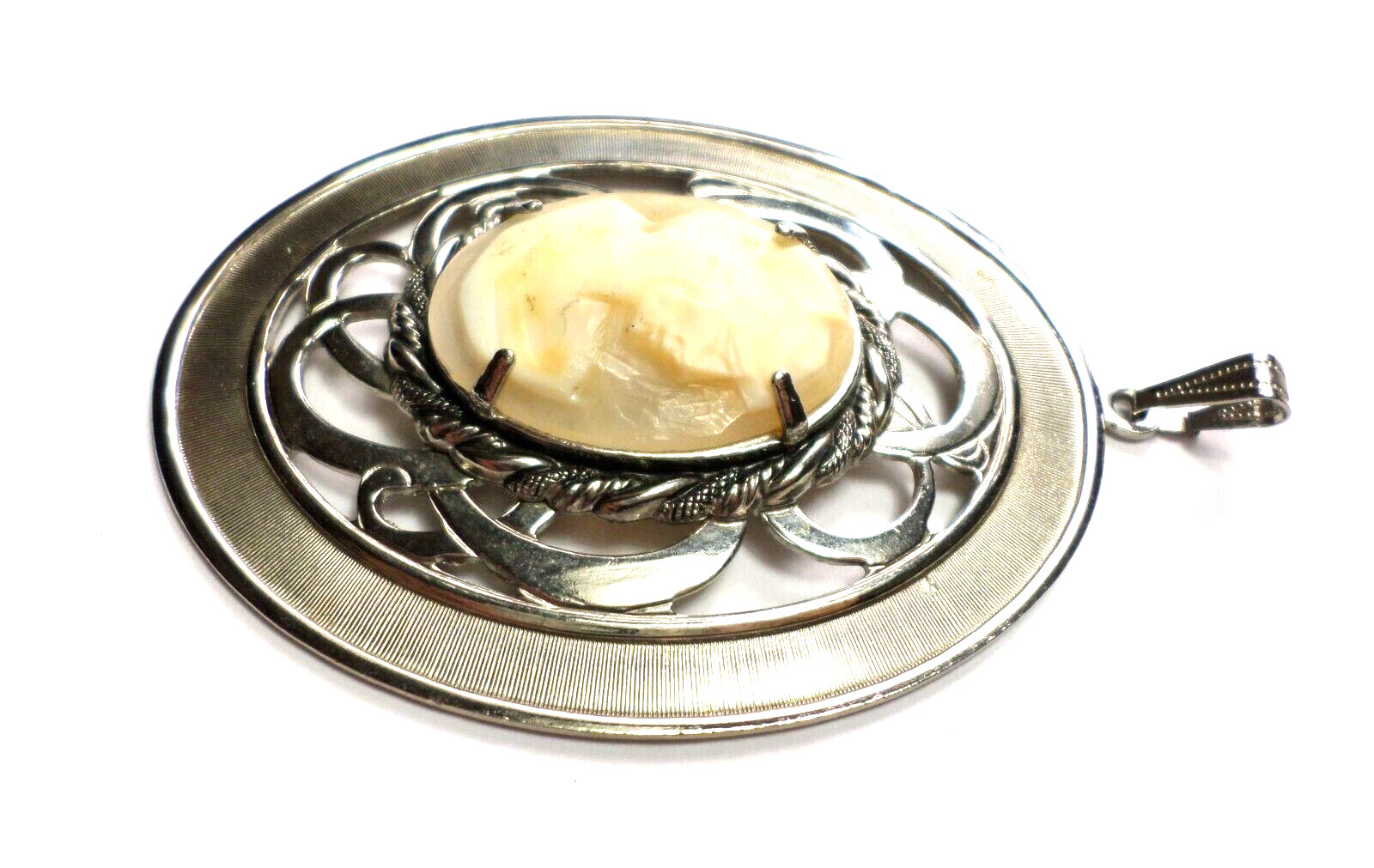 Vintage Woman Shell Cameo 30x22mm Facing Right XLarge Silver Pendant 84x55mm