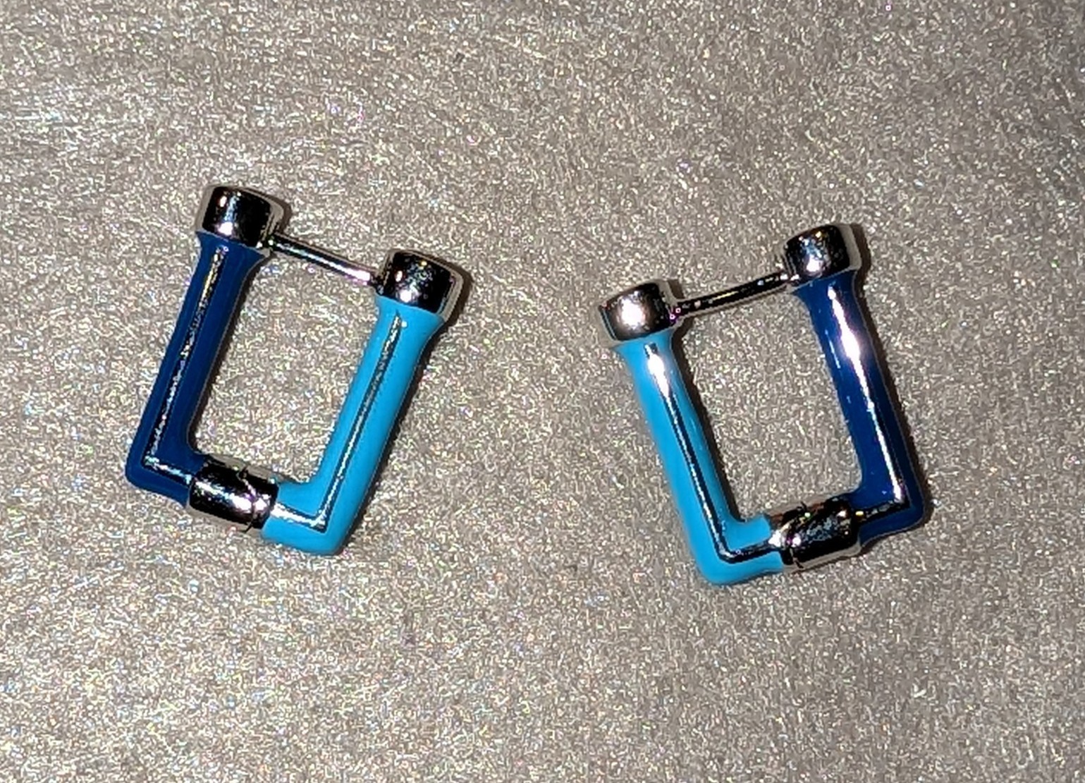 Blue Enamel Rectangle Huggie Hoop Earrings No Stone Hinged Lobe Pair