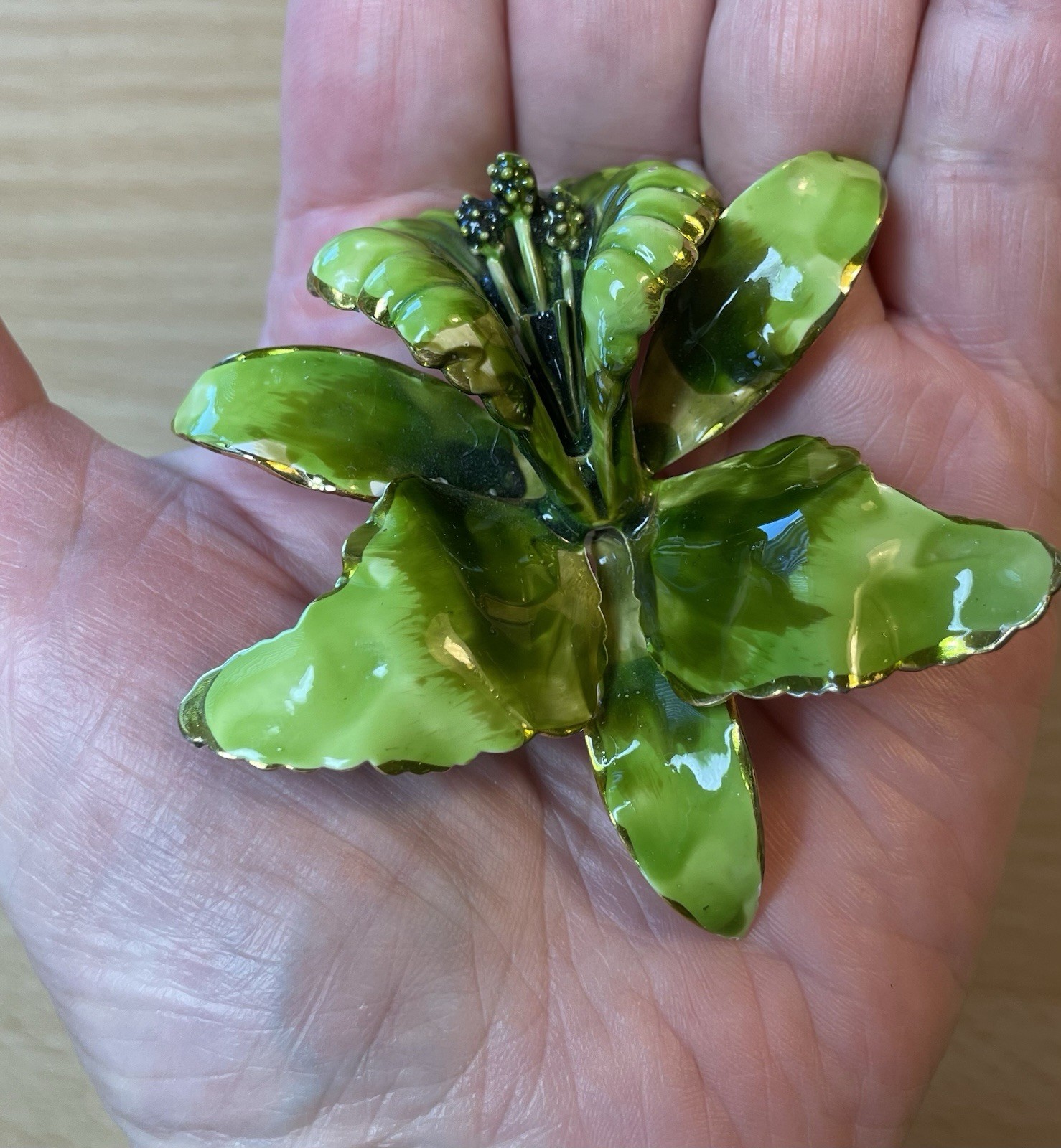 Green Enamel Lily Flower Brooch Gold Rimmed and Gold Tone Metal Pin Closure