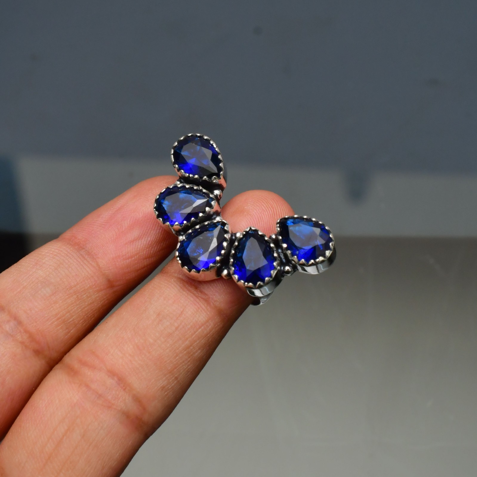 Blue Sapphire (Lab-Created)Gemstone 925 sterling silver Handmade Ring- All Size