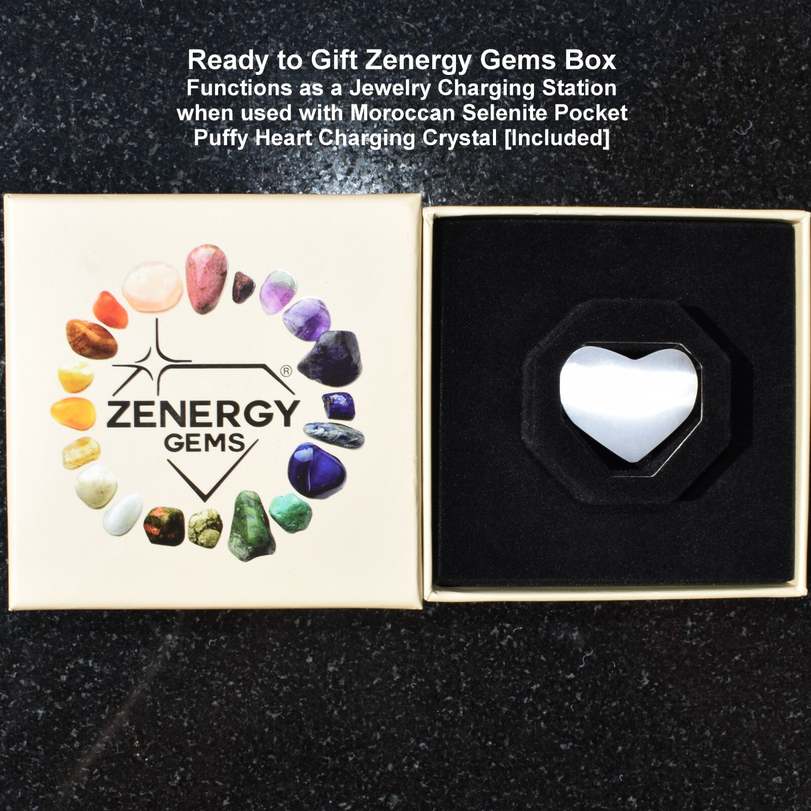 CHARGED 7″ Natural Black Tourmaline Crystal Stretchy Bracelet + Selenite Heart