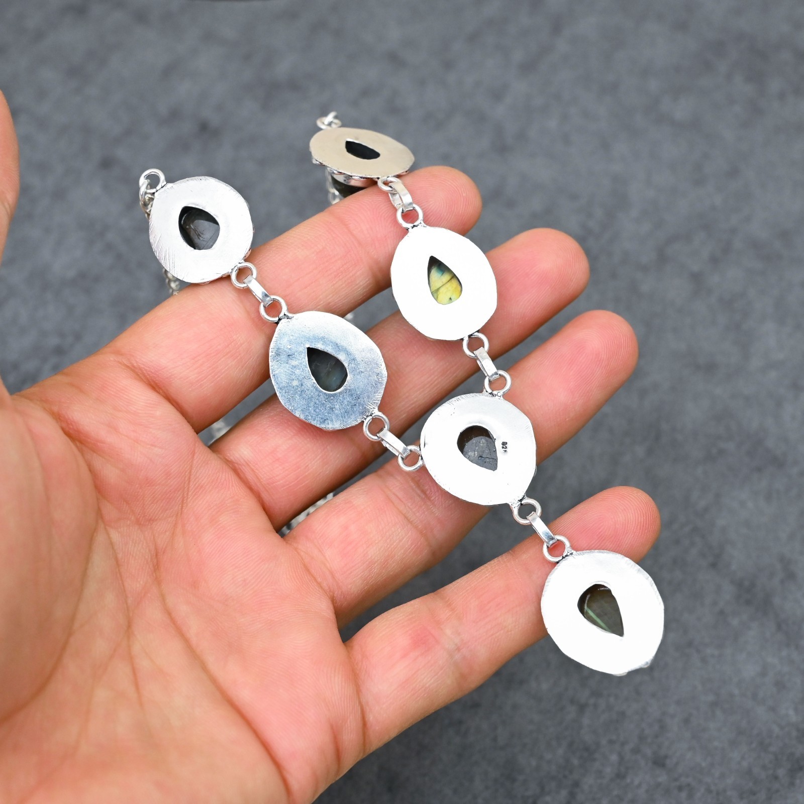 Silver Plated Labradorite Y-Necklace | Multi-Stone Milgrain Cabochon | Artisan
