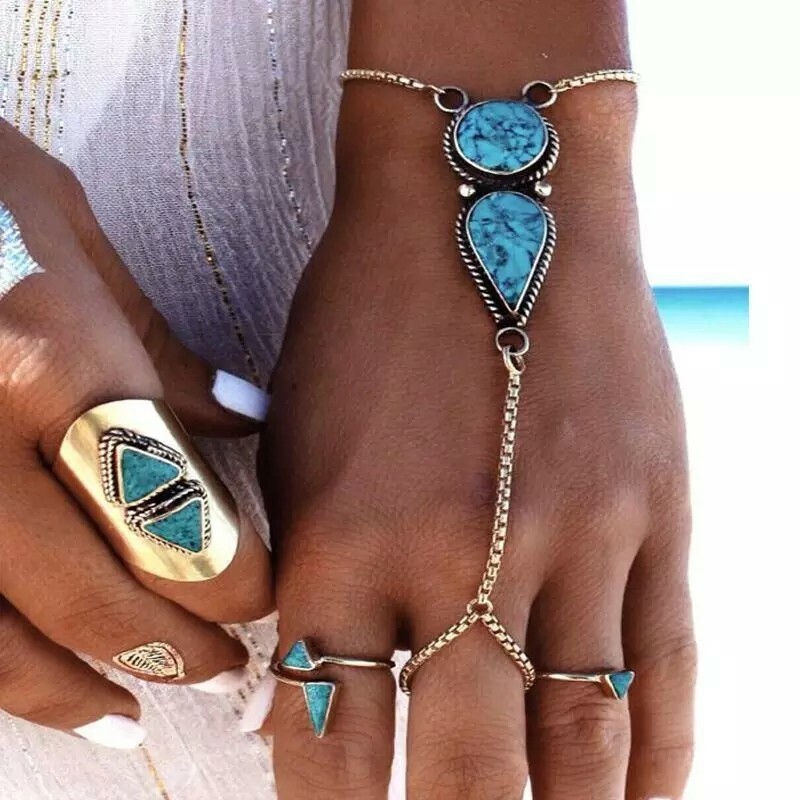 New Bohemian Beach Retro Ethnic Blue Green Stone Fingered Bracelets Hand Jewelry