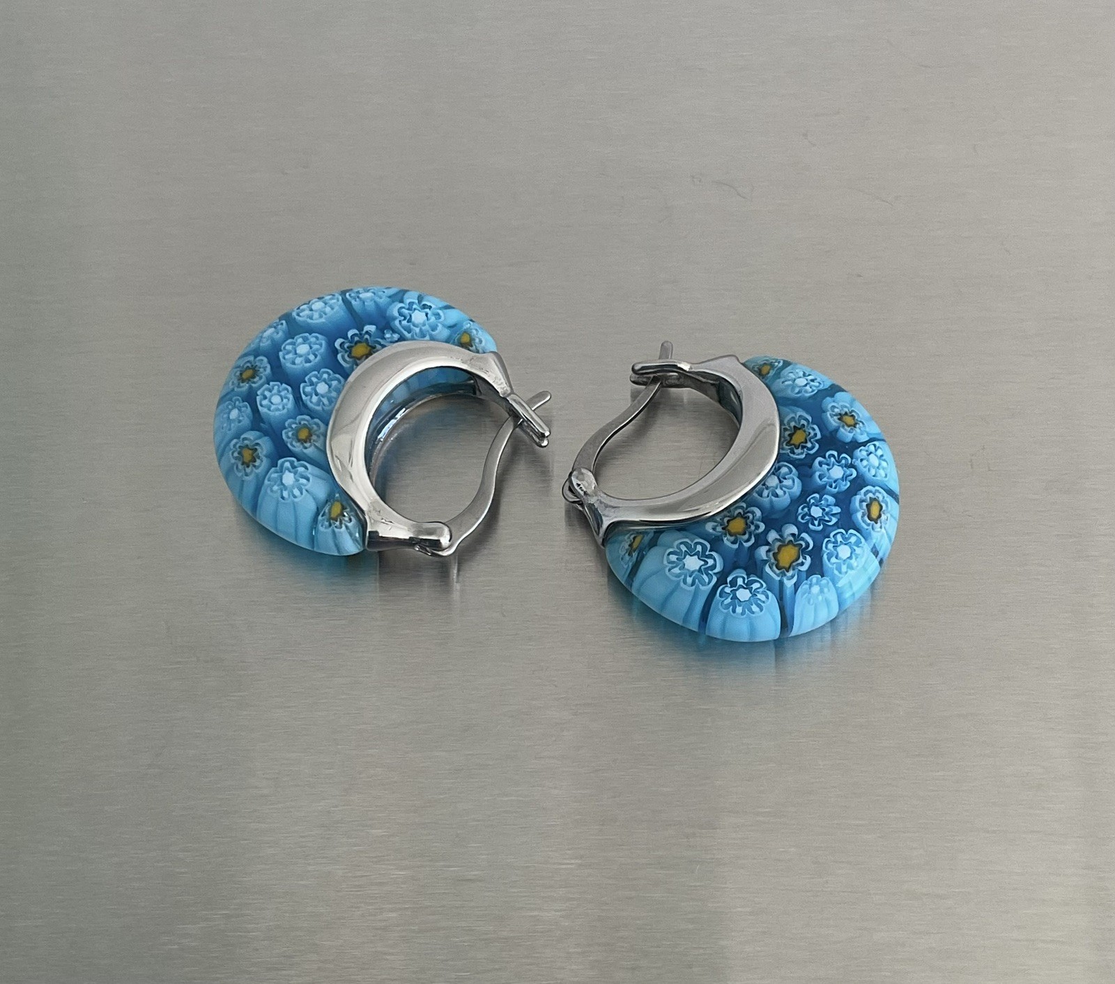 Blue Murano Millefiori Style Daisy Glass 1″ Hoop Earrings Stainless Steel