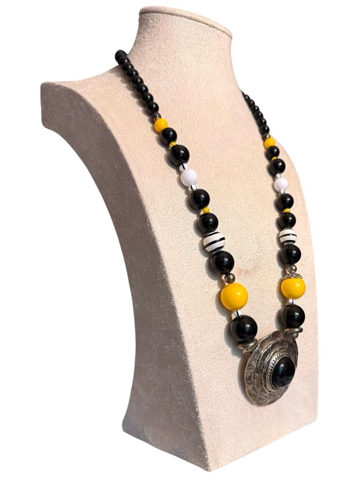 Black, Yellow & White Beaded Statement Necklace with Silver-Tone Pendant
