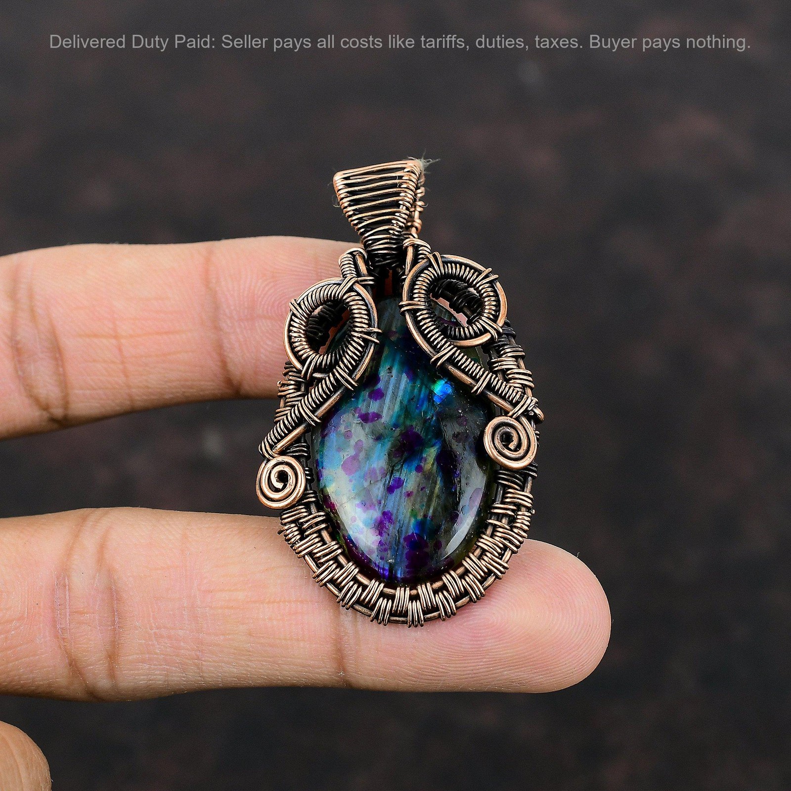 Oval Natural Mystic Fire Labradorite Copper Wire Wrapped Wedding Pendant Jewelry