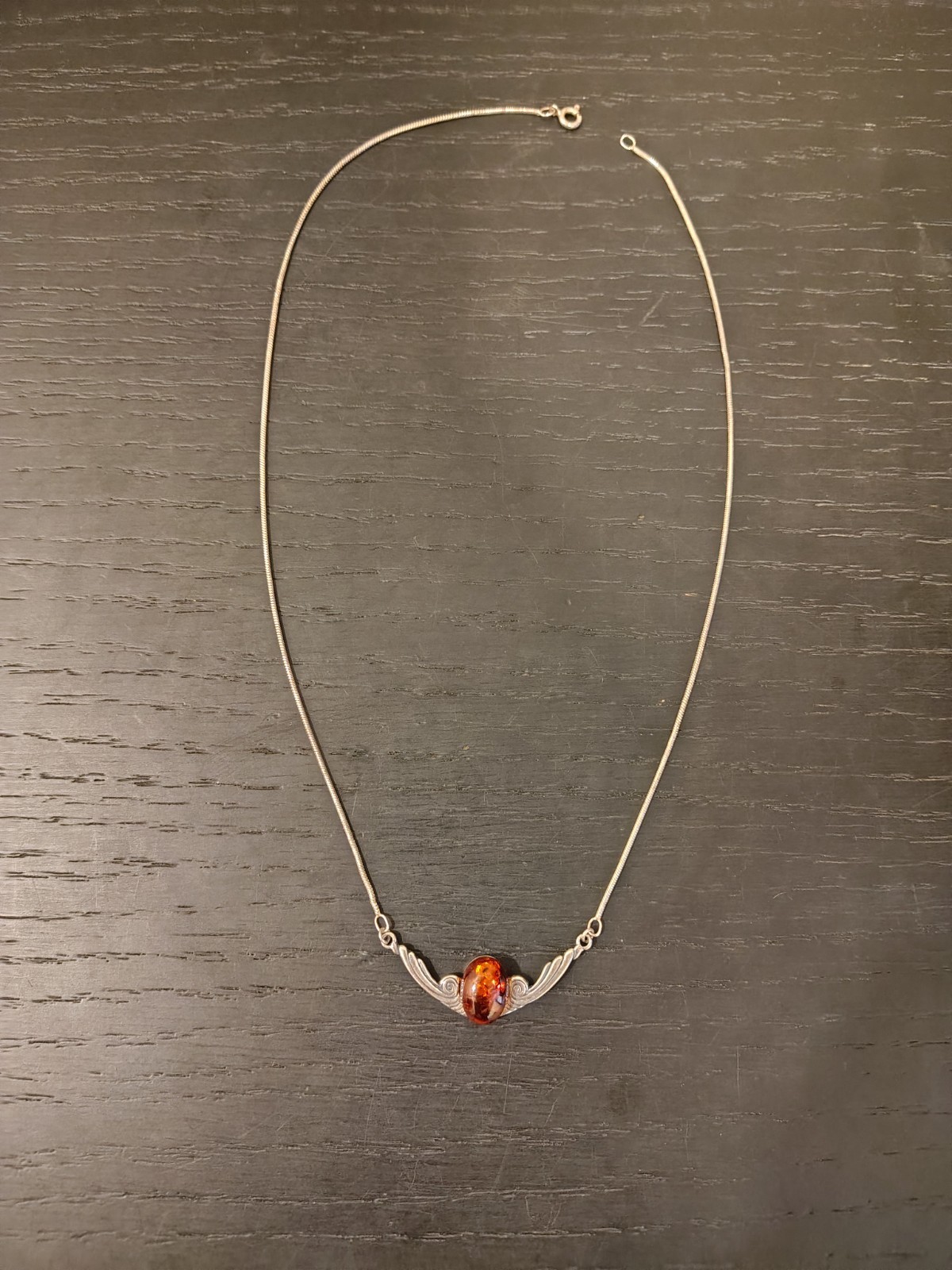 Baltic Amber Cognac Sterling Silver Necklace, Scroll 925 Setting, Mid-century
