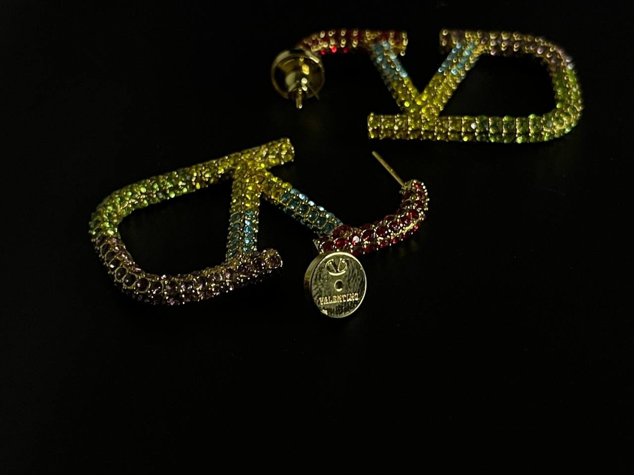 Vintage Valentino Rainbow Crystal V Logo Hoop Earrings