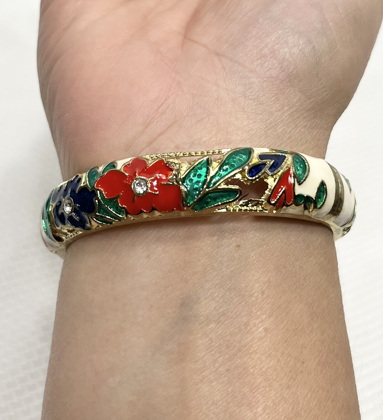 Holiday Bangle Enamel Bracelet Floral Christmas Red Green Blue White and Gold