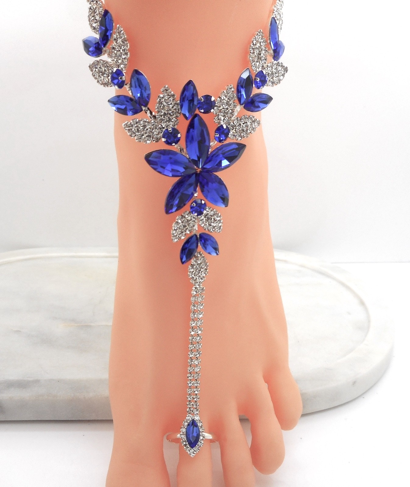 Slave Anklet Attached Toe Ring One Ankle Bracelet Silver Plated Cobalt Crystal