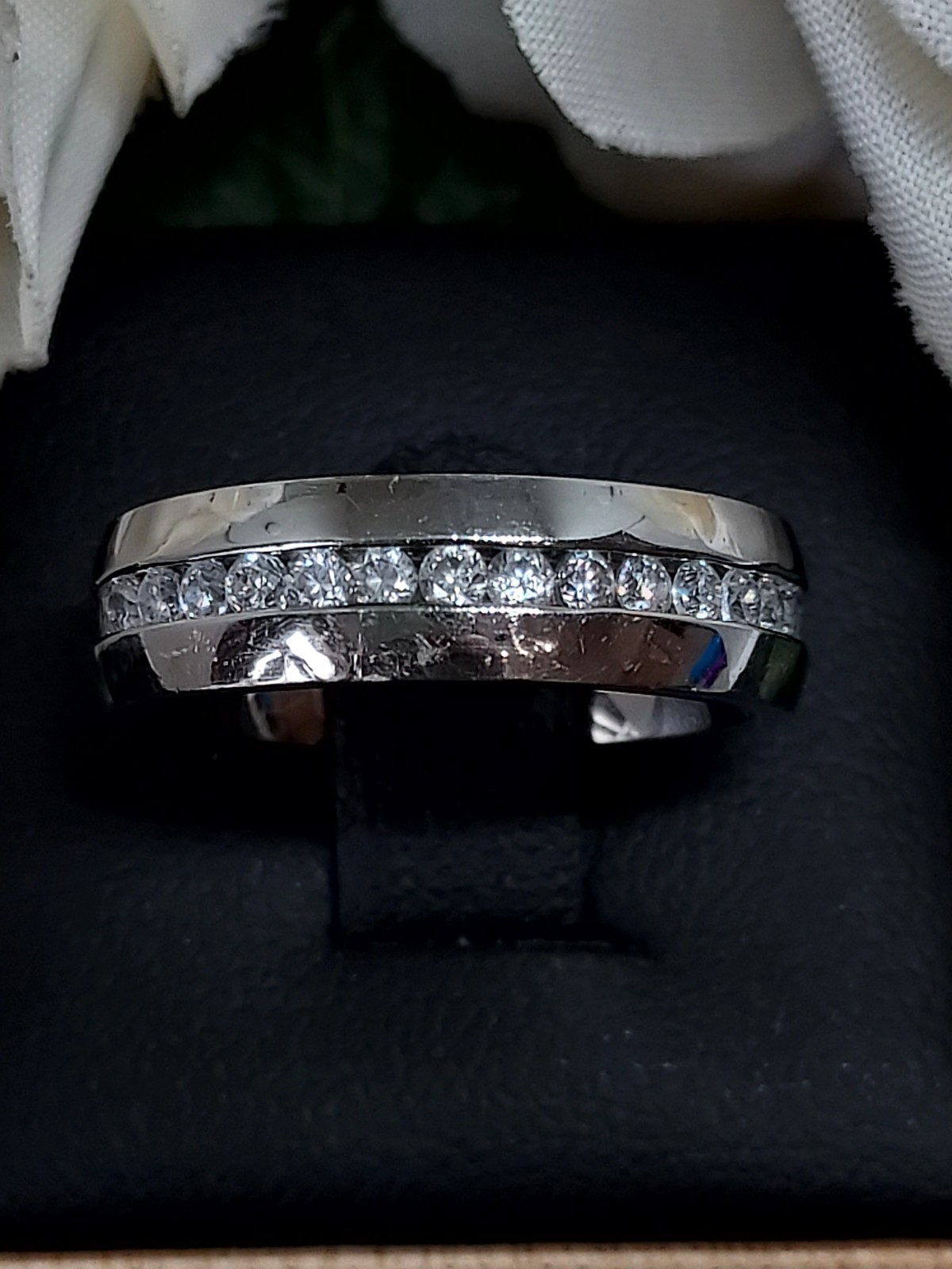 A Stunning S.Steel 5.5mm Wide Band With Channel Set Cubic Zirconia Uk Size L