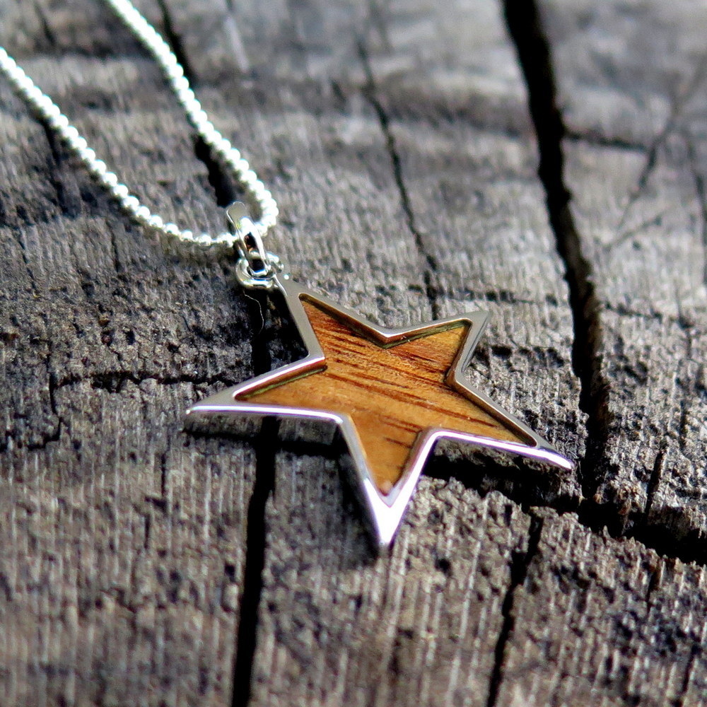 Hawaiian Jewelry Koa Wood Scroll Star Rhodium Plated Brass Pendant BRP1074