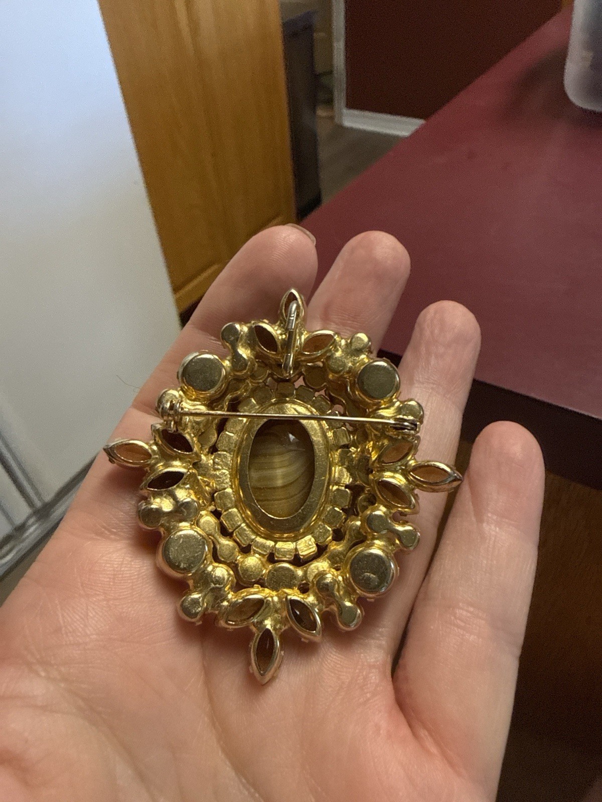 Gold Tone Metal Oval Brooch Pin, Brown Oval Glass Cabochon, Rhinestones