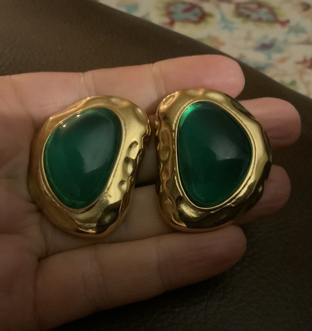 Molten Earrings Museum Modern Art Green Stud Statement Cabochon Hammered VTG