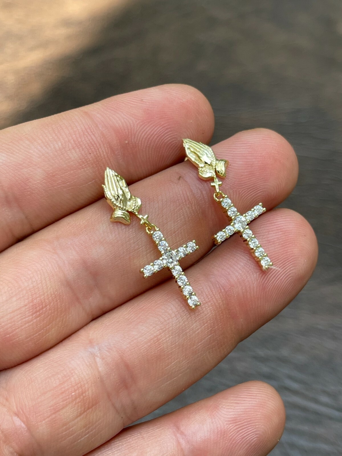 14k Gold Plated Real 925 Sterling Silver Praying Hands Cross Dangle Earrings