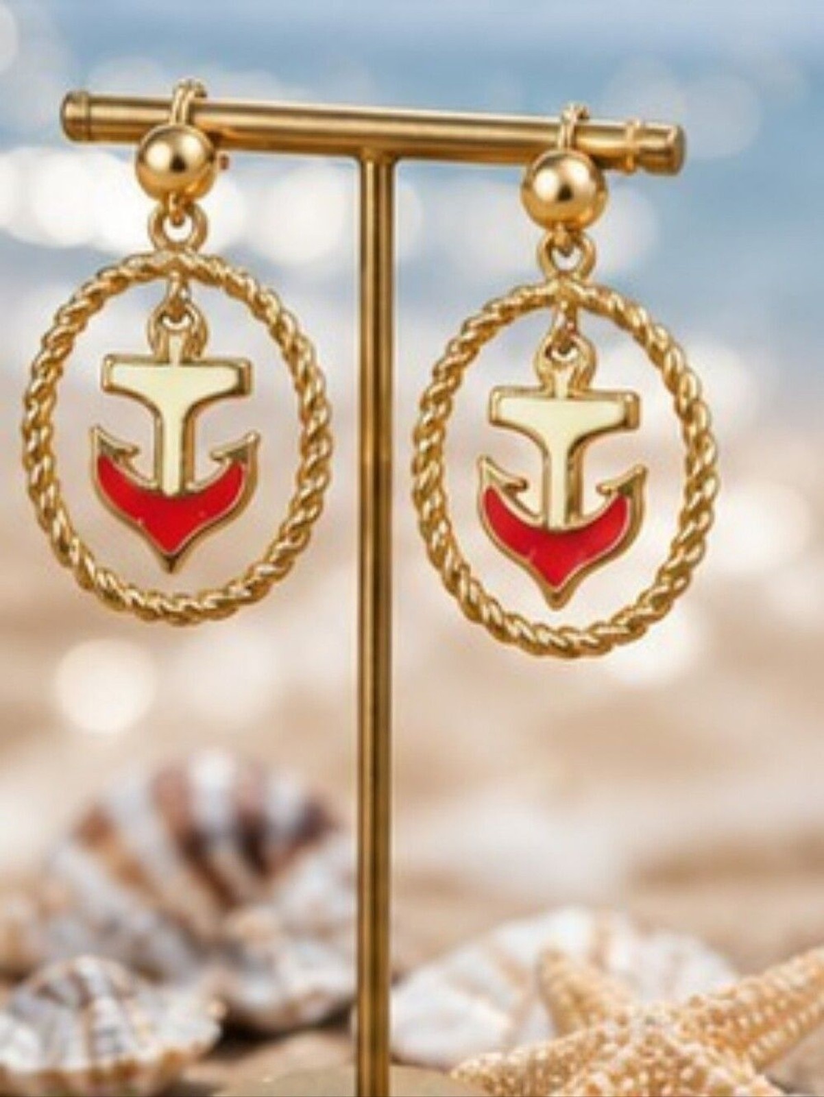 Vintage Avon Nautical Anchor Drop Earrings Gold Tone Red White Enamel Rope Hoop